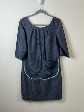 Dema Vintage Style Blue Denim Pocket Apron Scoop Neck Cotton Shift Dress